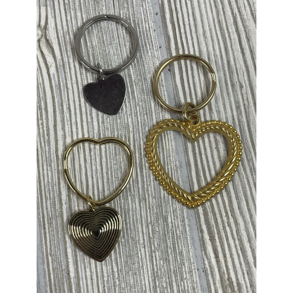 Vintage Heart Keychain Set 3pc Gold Silver Tone Rope Ribbed Open Heart Charms